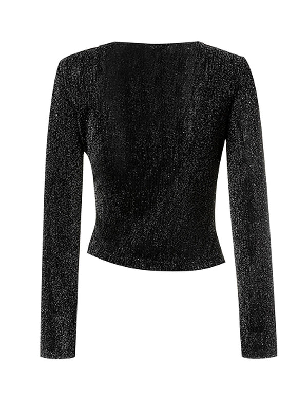 Glittery Wrap-Front Long Sleeve Top
