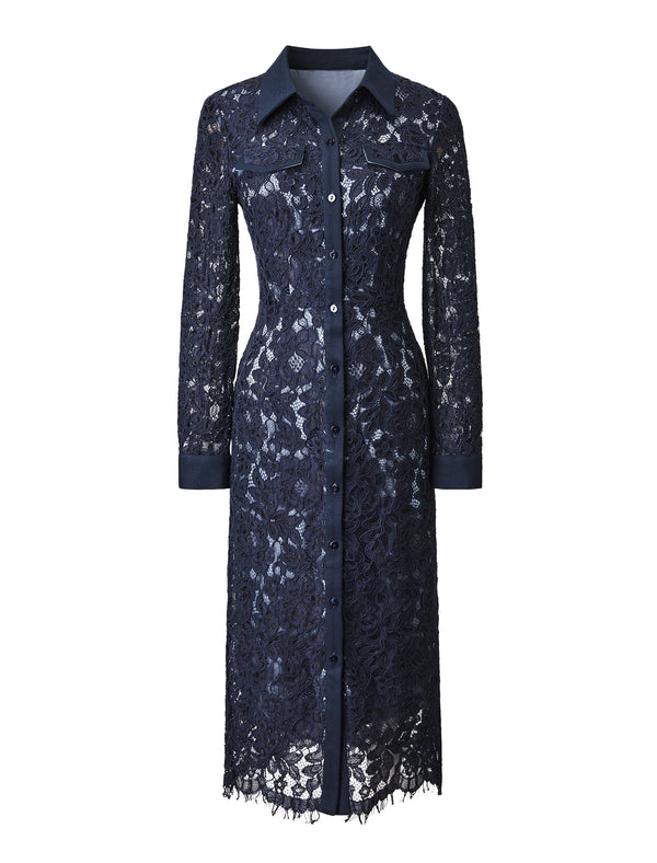 Navy Blue Lace Shirt Dress