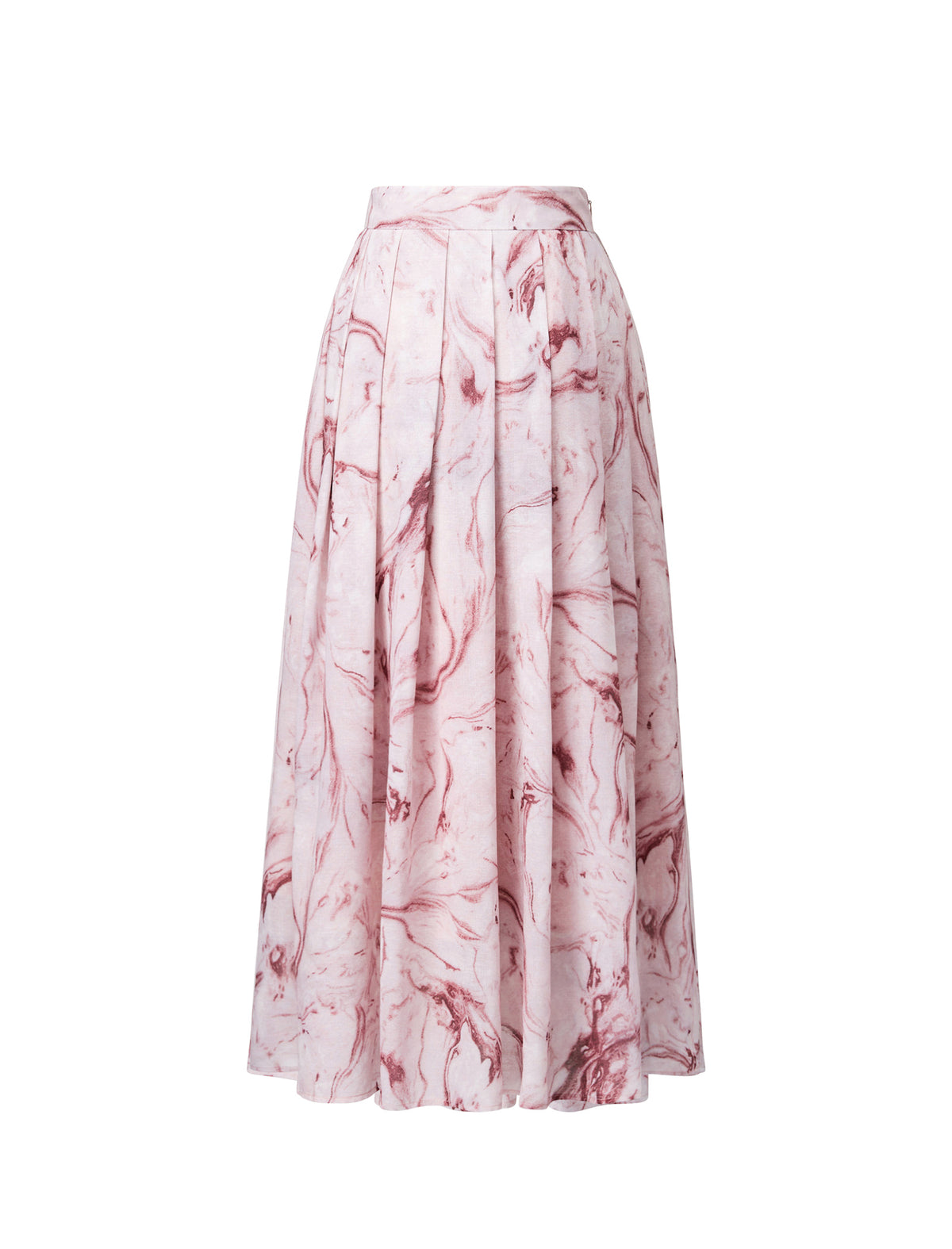 Pink Marble Print Pleated Midi Skirt