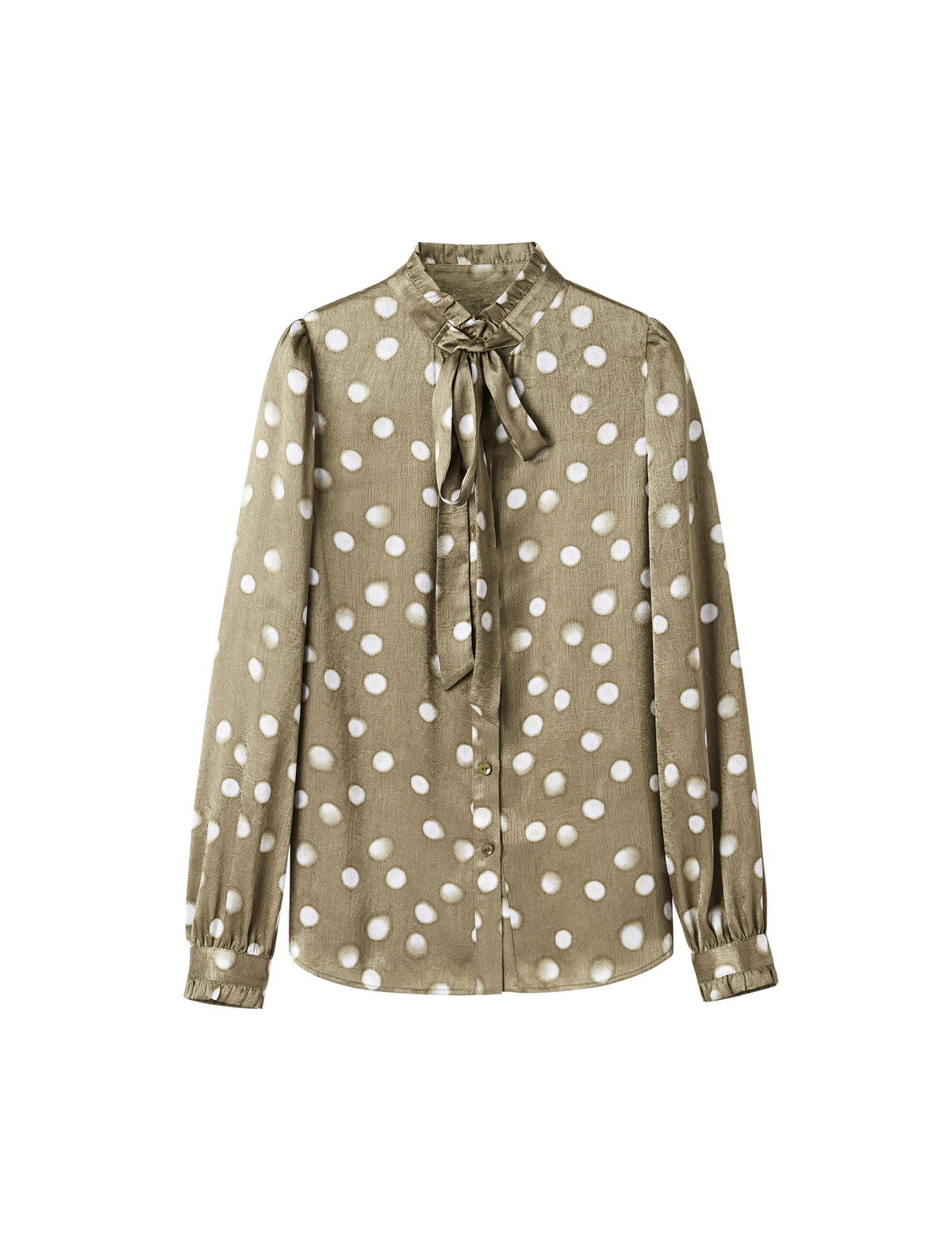 Ruffle Stand Collar Polka Dot Blouse with Self-Tie
