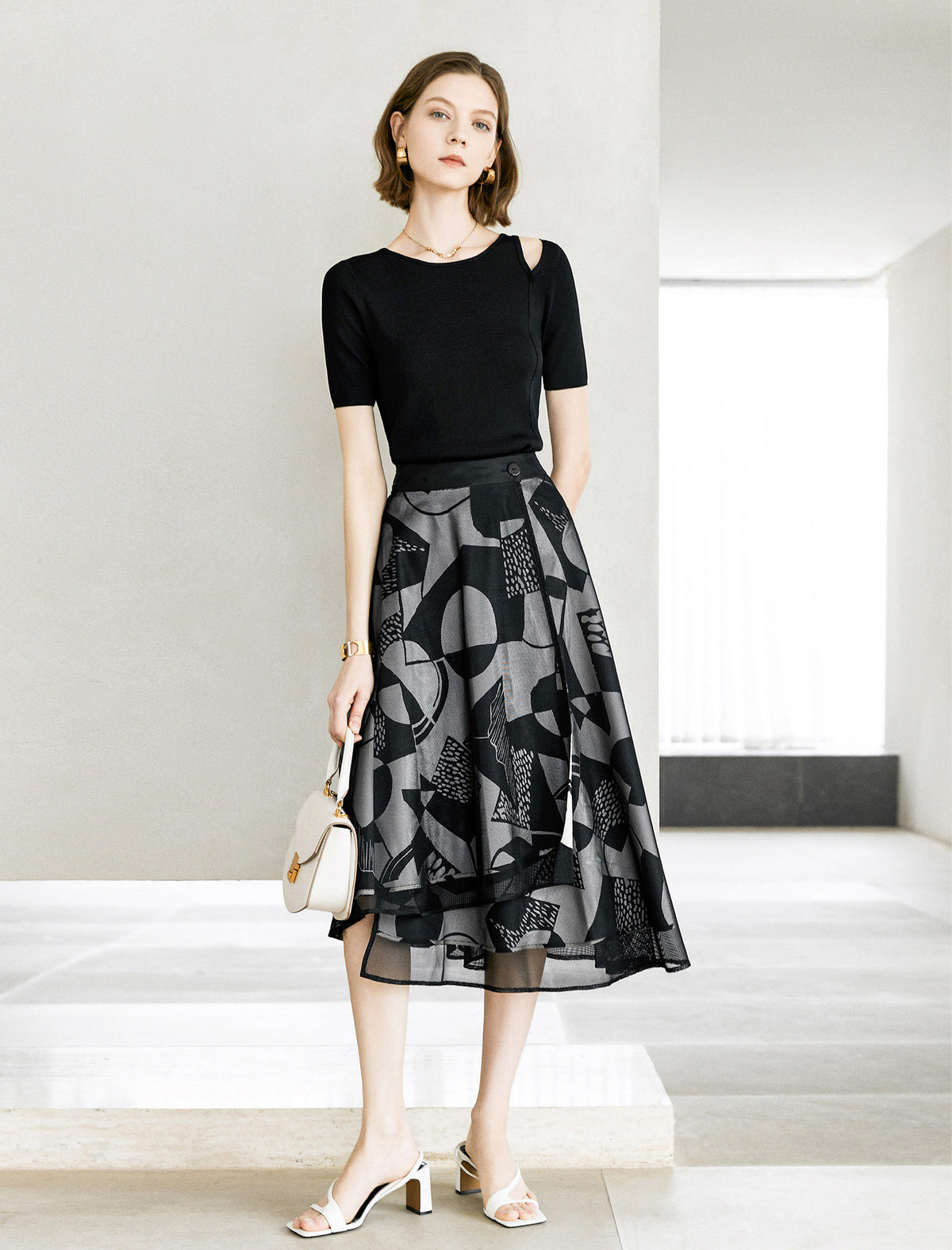 Reversible Geometric Print Mesh Detail Midi Skirt