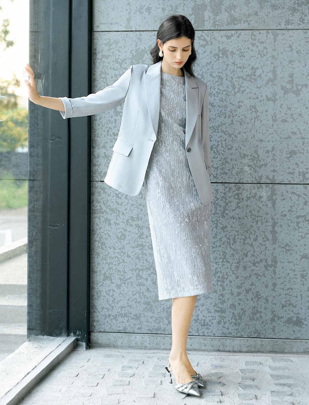 Silver Grey Sequin Jacquard Midi Sheath Dress