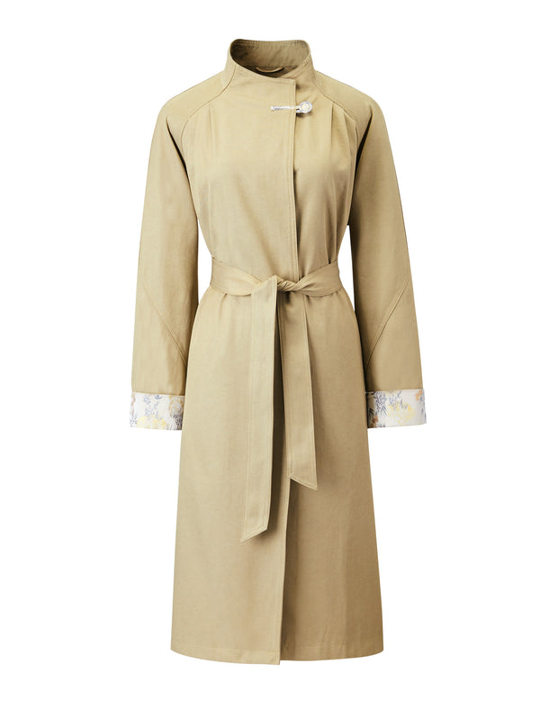 Floral Cuff Stand-Up Collar Belted Trench Coat