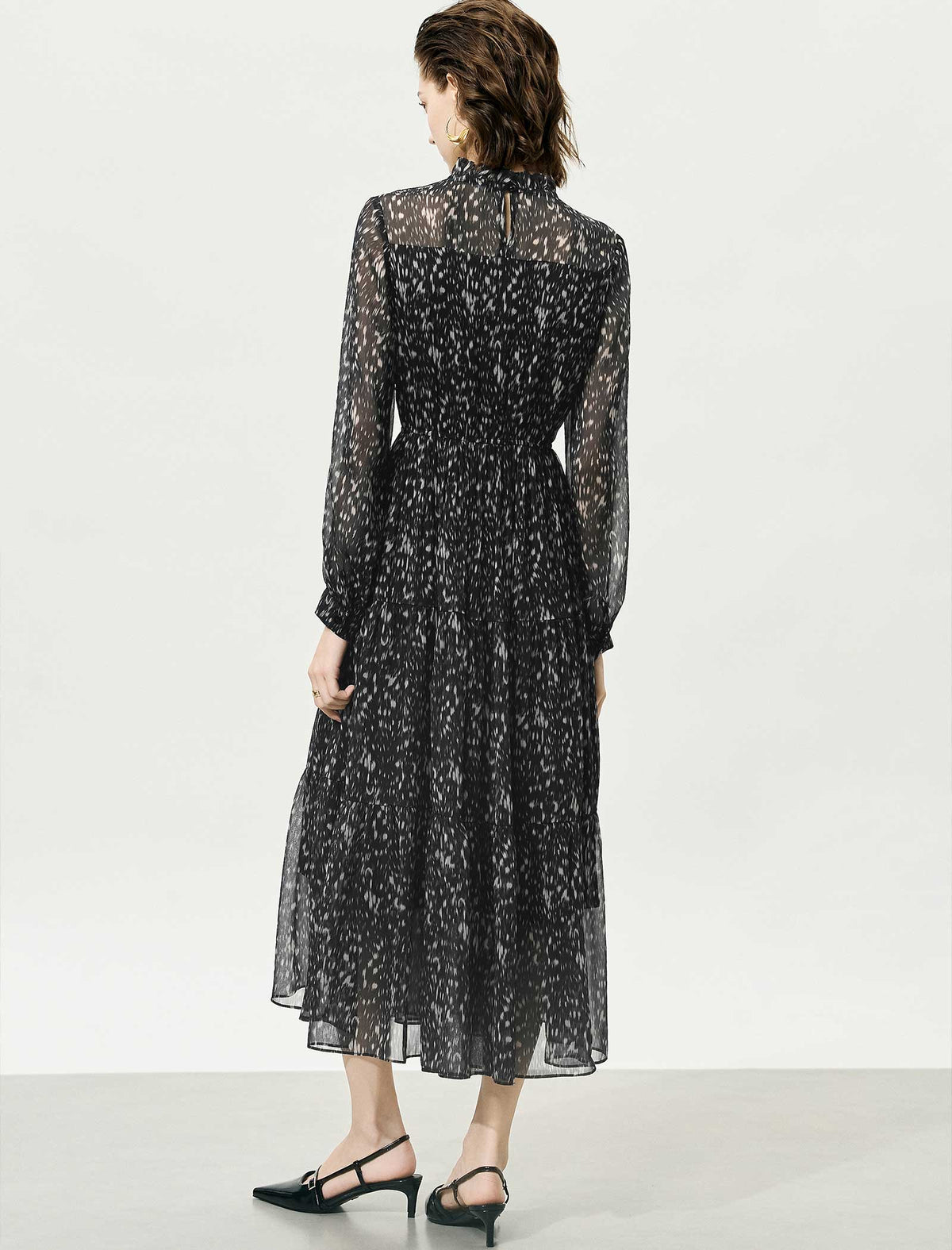 Black Speckled Print Ruffle Neck Long Sleeve Tiered Midi Dress