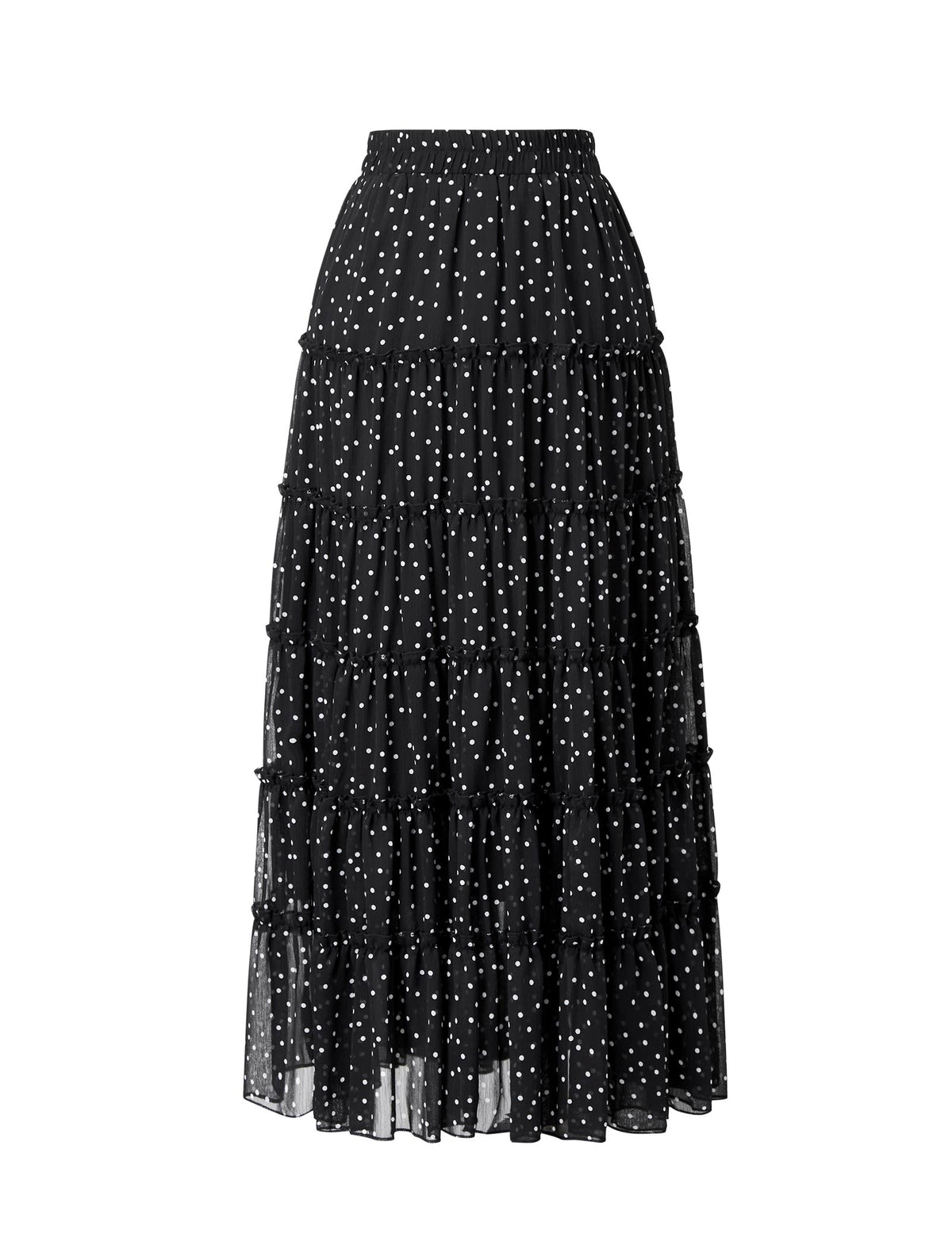 Chiffon Black Polka Dot Tiered Midi Skirt