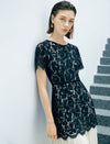 Two-Tone Black Lace Pleated Hem Midi Dress