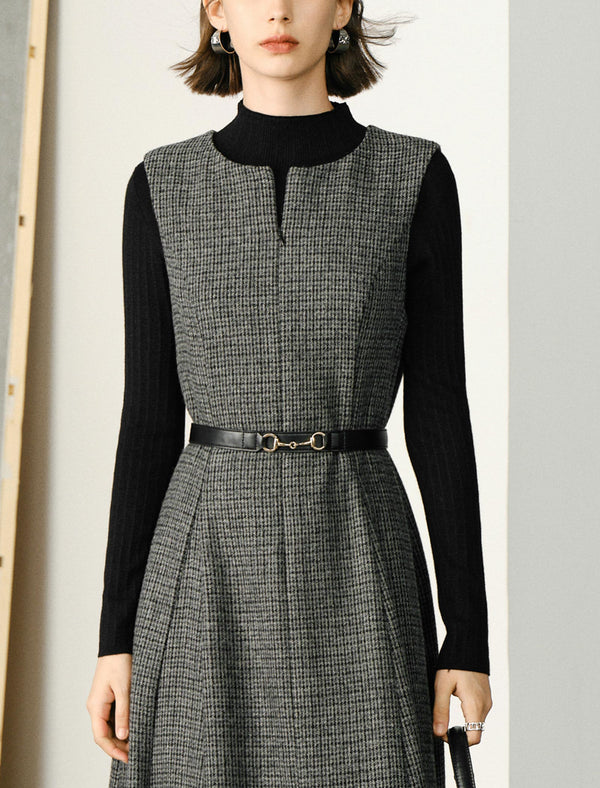 Wool Plaid Round Neck Sleeveless Vintage Midi Dress