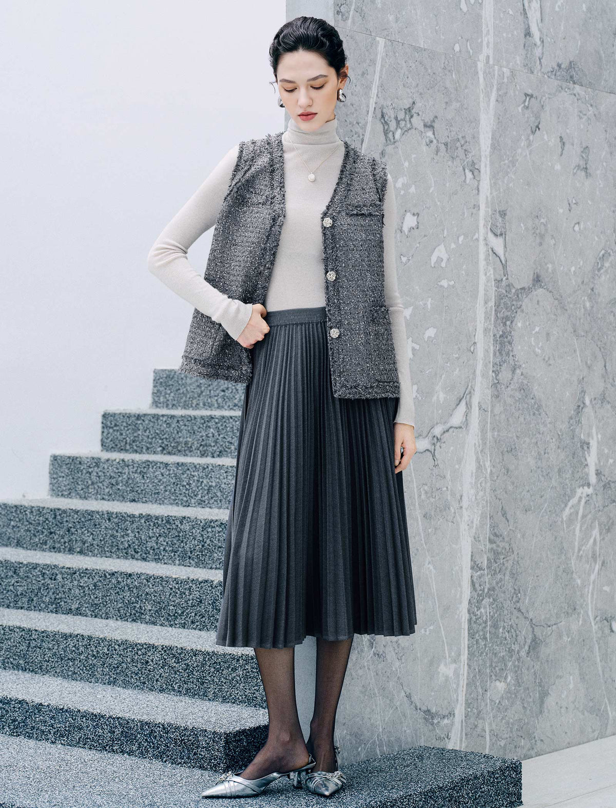 Pleated A Line Midi Skirt
