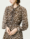 Brown Sheer Tie-Neck Floral Midi Dress