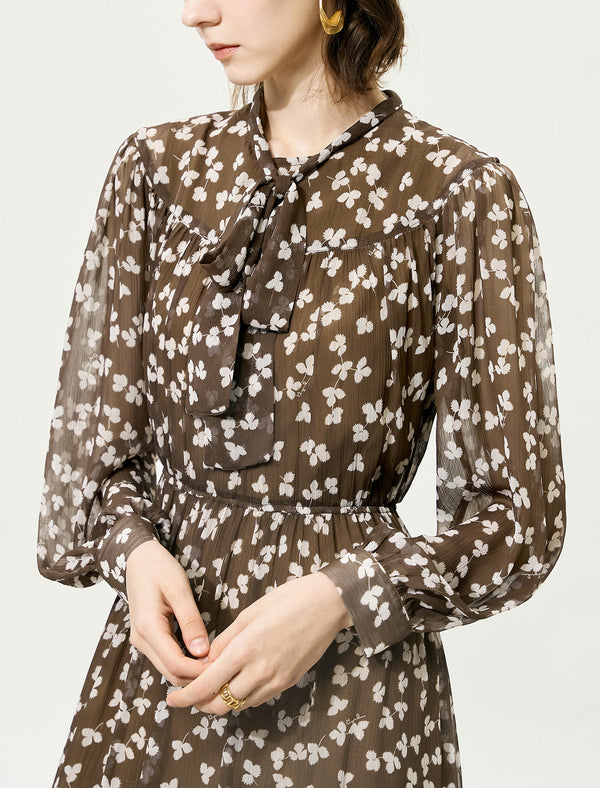 Brown Sheer Tie-Neck Floral Midi Dress