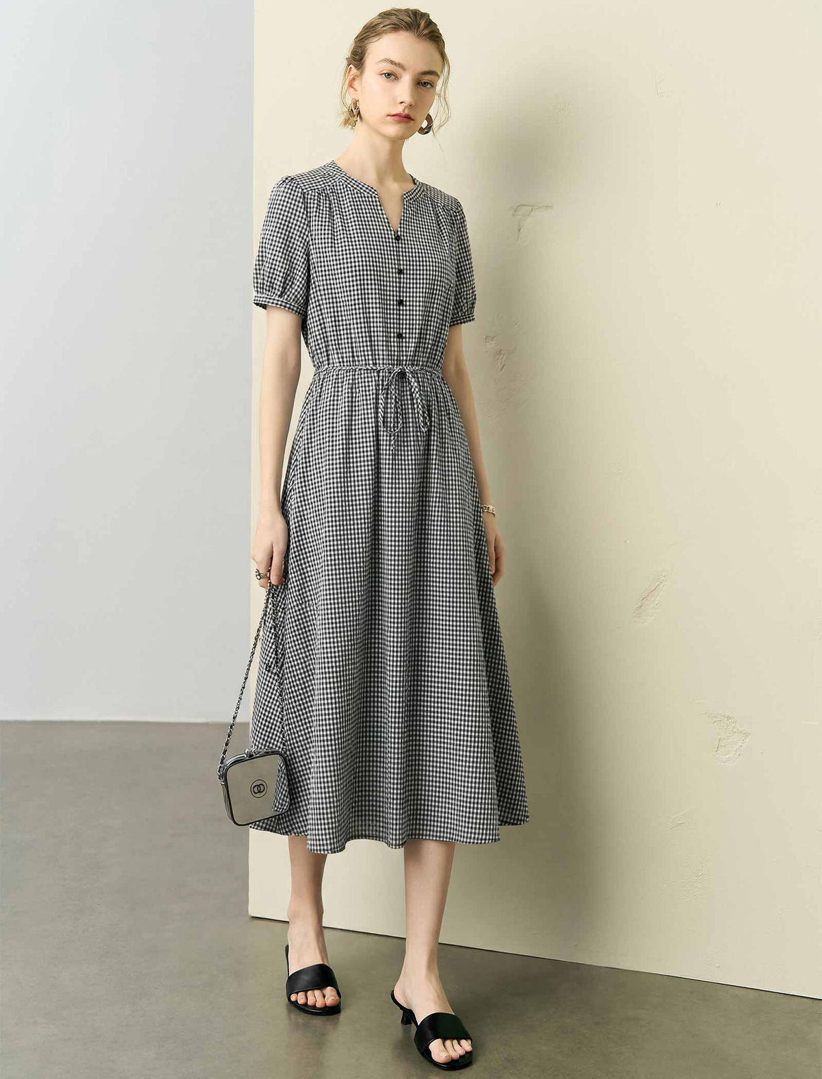 Gingham Puff Sleeve Drawstring Waist Midi Swing Dress
