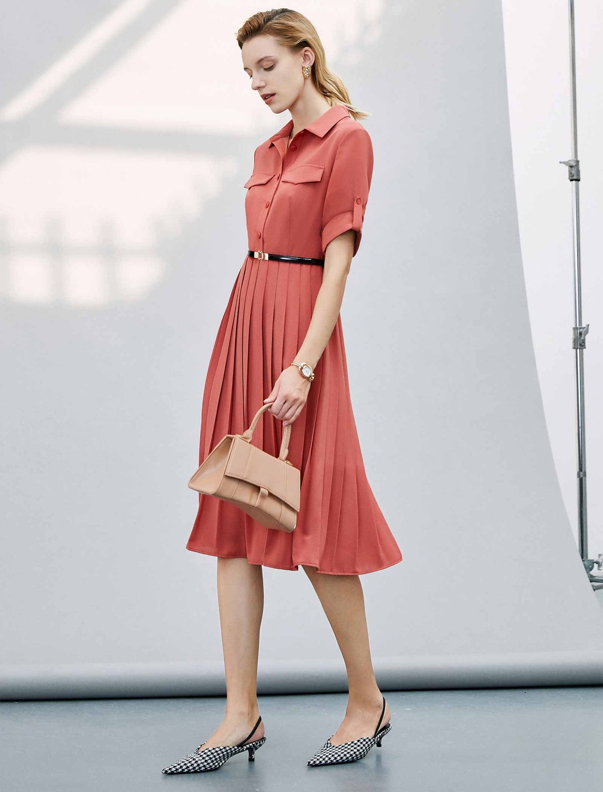 Chic Workwear Pleated Midi Shirt Dress