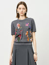 Grey Floral Embroidered Short Sleeve Sweater