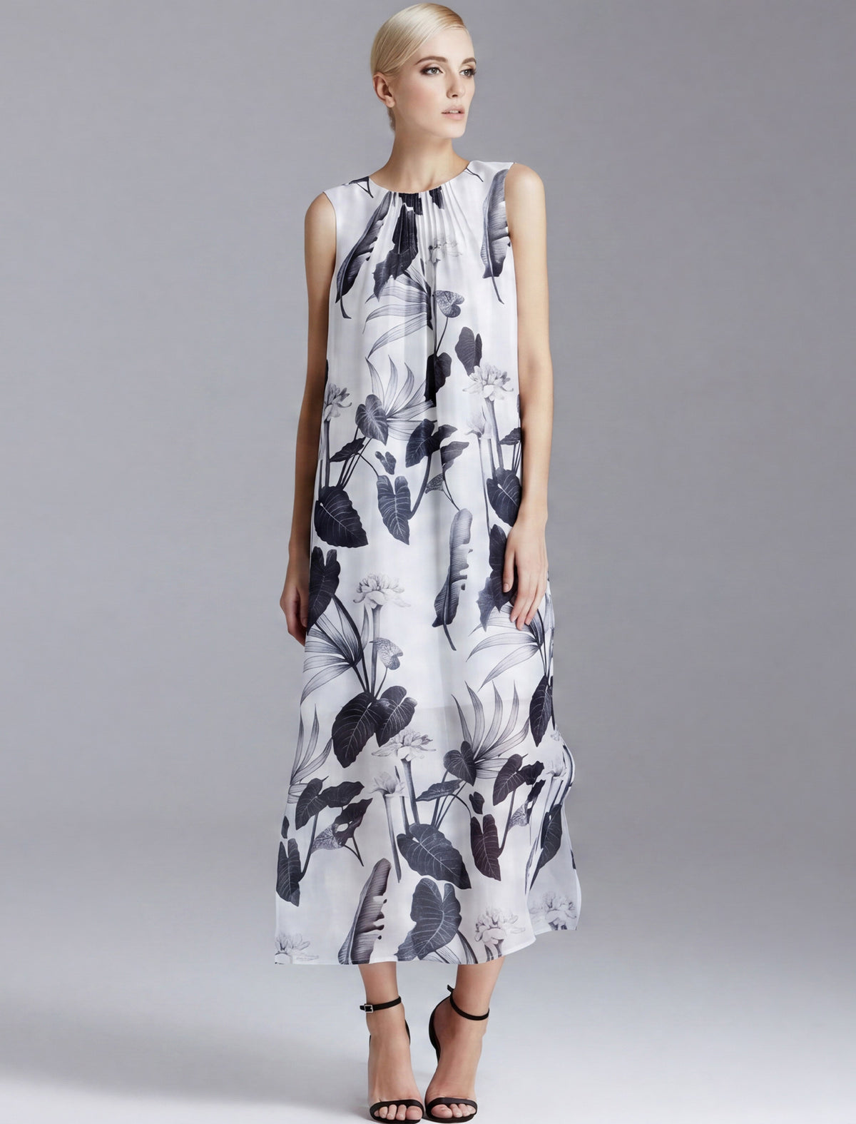 Linen Print Crew Neck Sleeveless Dress