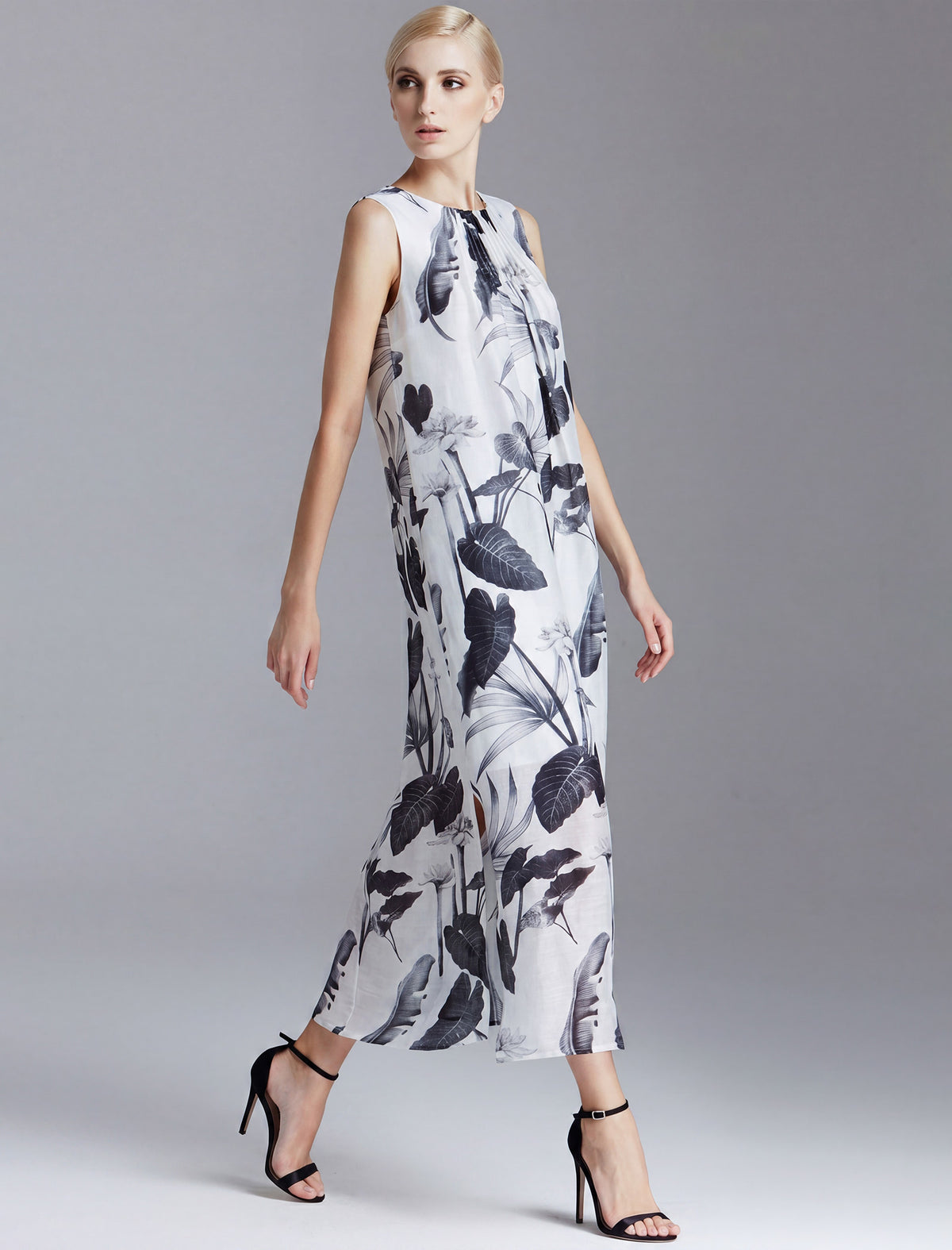 Linen Print Crew Neck Sleeveless Dress