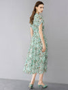 Green Floral V-Neck Tie Waist Midi Chiffon Dress