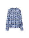Vintage Print Mesh High Neck Long Sleeve Top