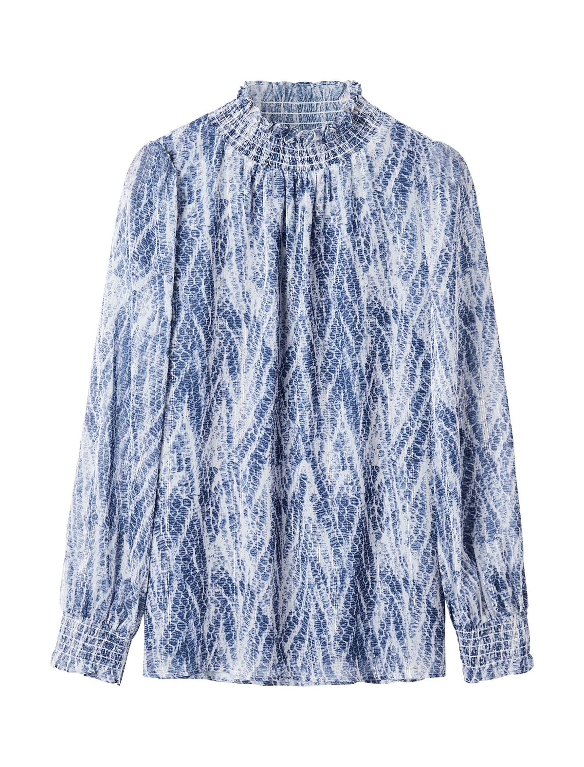 Printed Ruffled Stand Collar Long-Sleeve Blouse