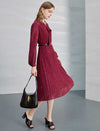 Burgundy Pleated Tie Neck Midi Dress
