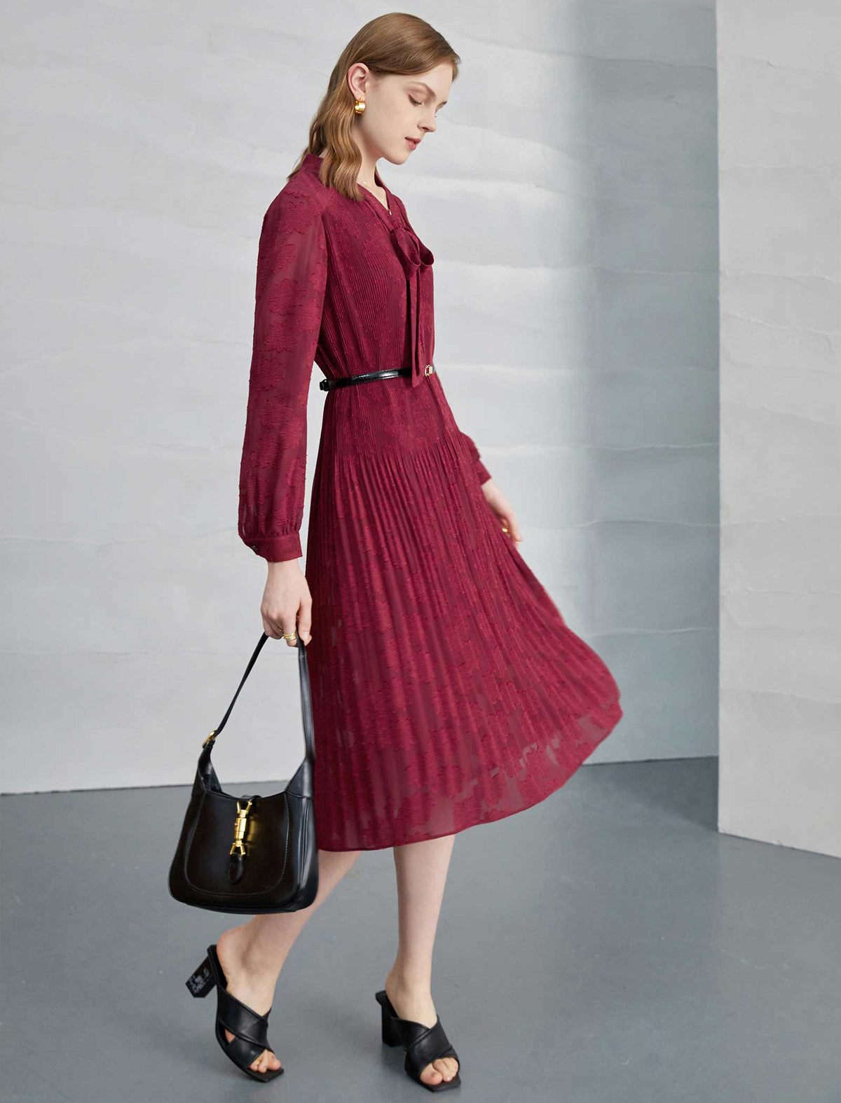 Burgundy Pleated Tie Neck Midi Dress