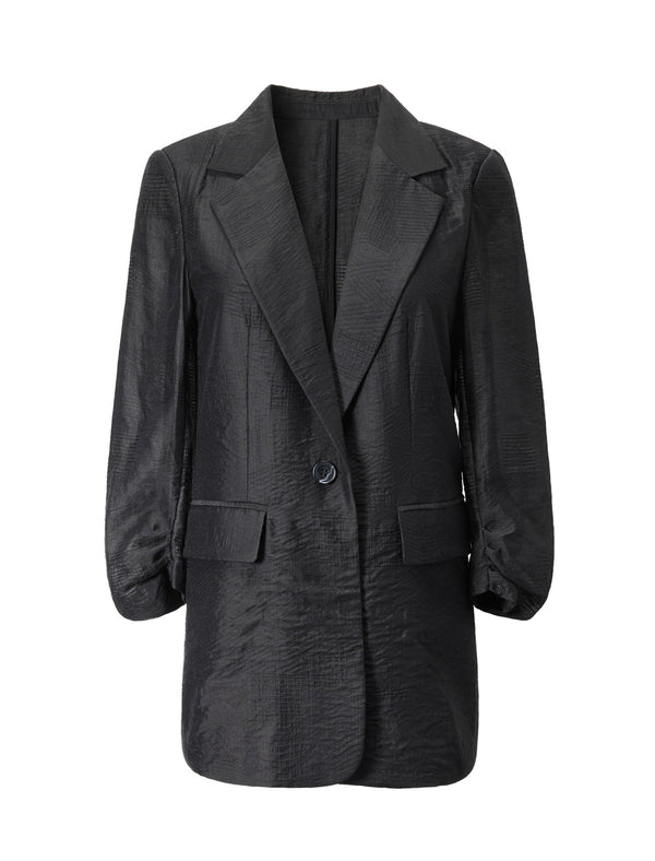 Tencel Ruched Sleeves Textured Tailored Blazer