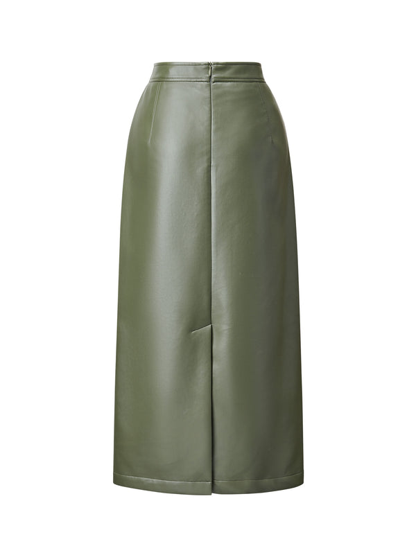 Olive Green Faux Leather Midi Skirt