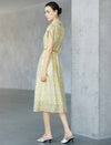 Yellow Geometric Print Lapel Cap Sleeve Belted Shirt Midi Dress