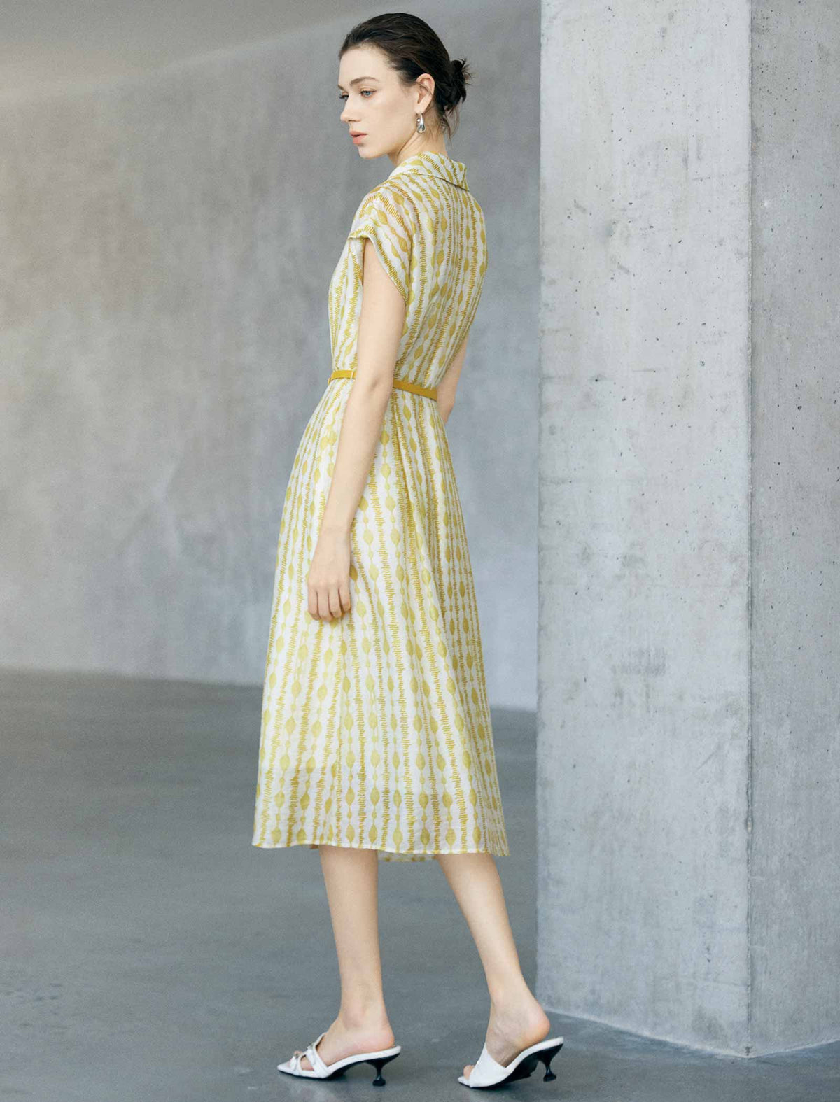 Yellow Geometric Print Lapel Cap Sleeve Belted Shirt Midi Dress