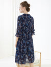 Navy Blue Floral Ruffled Neck Midi Dress