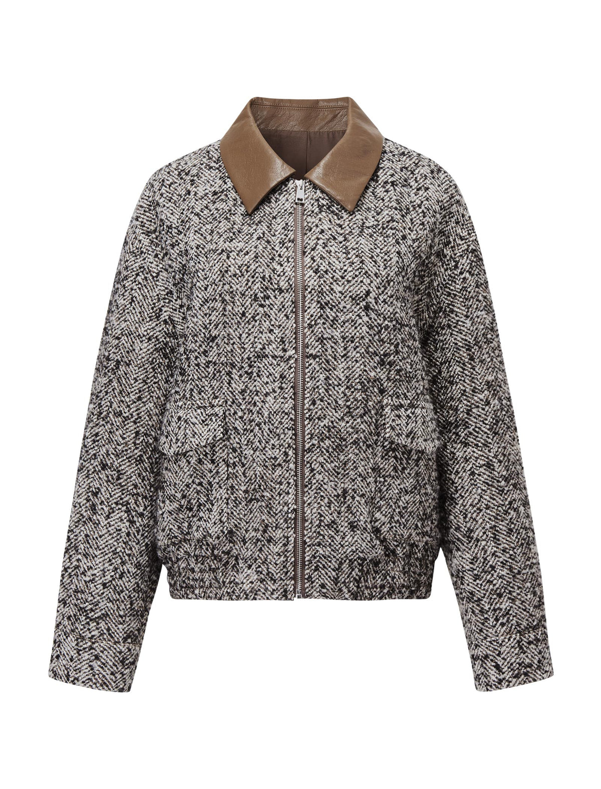 Tweed Wool-Blend Leather Collar Jacket