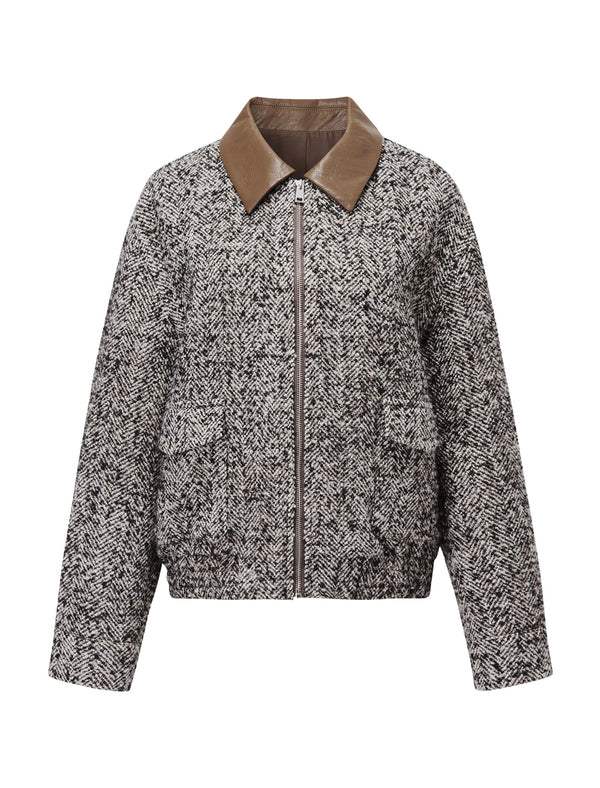 Tweed Wool-Blend Leather Collar Jacket