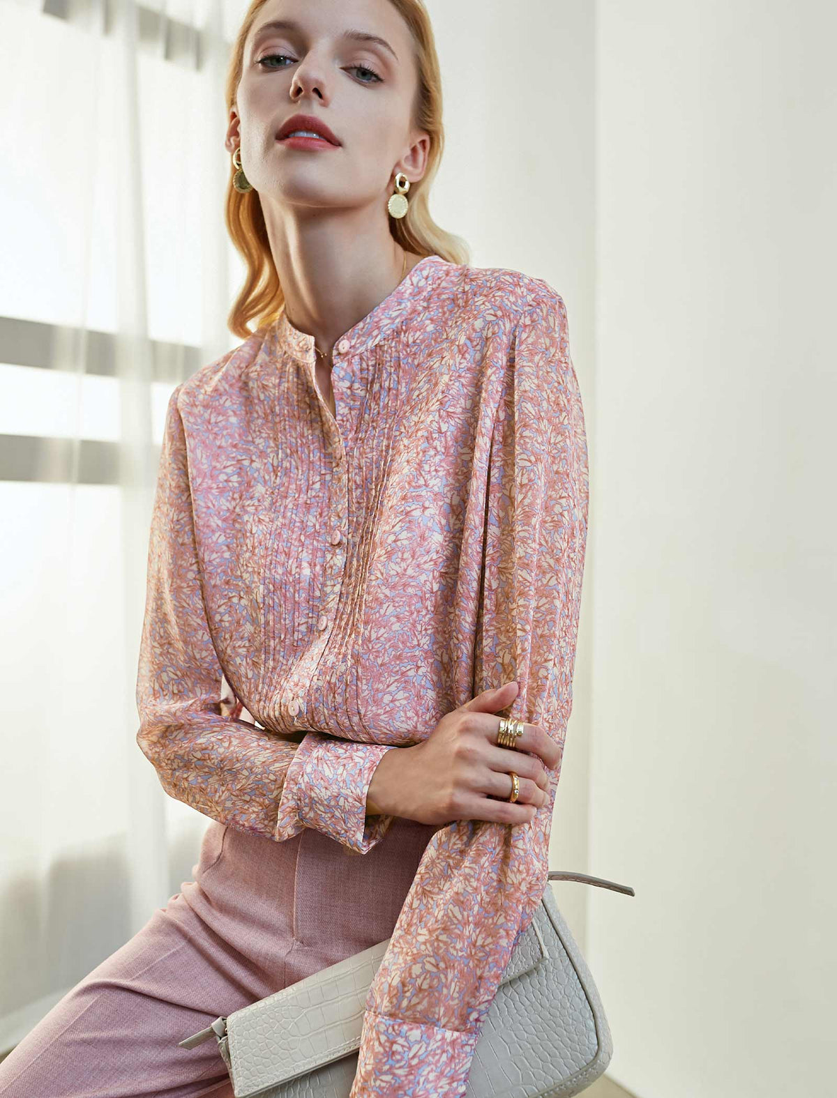 Blush Floral Crew Neck Pleated Blouse