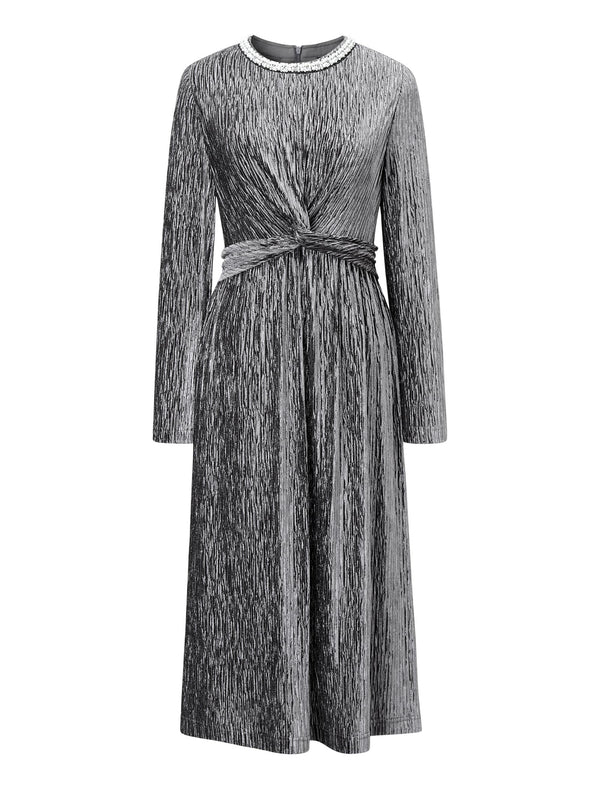 Velvet Waist-Defining Long-Sleeve Dress
