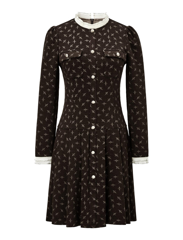 Floral Printed Lace Trim Pleated Mini Dress