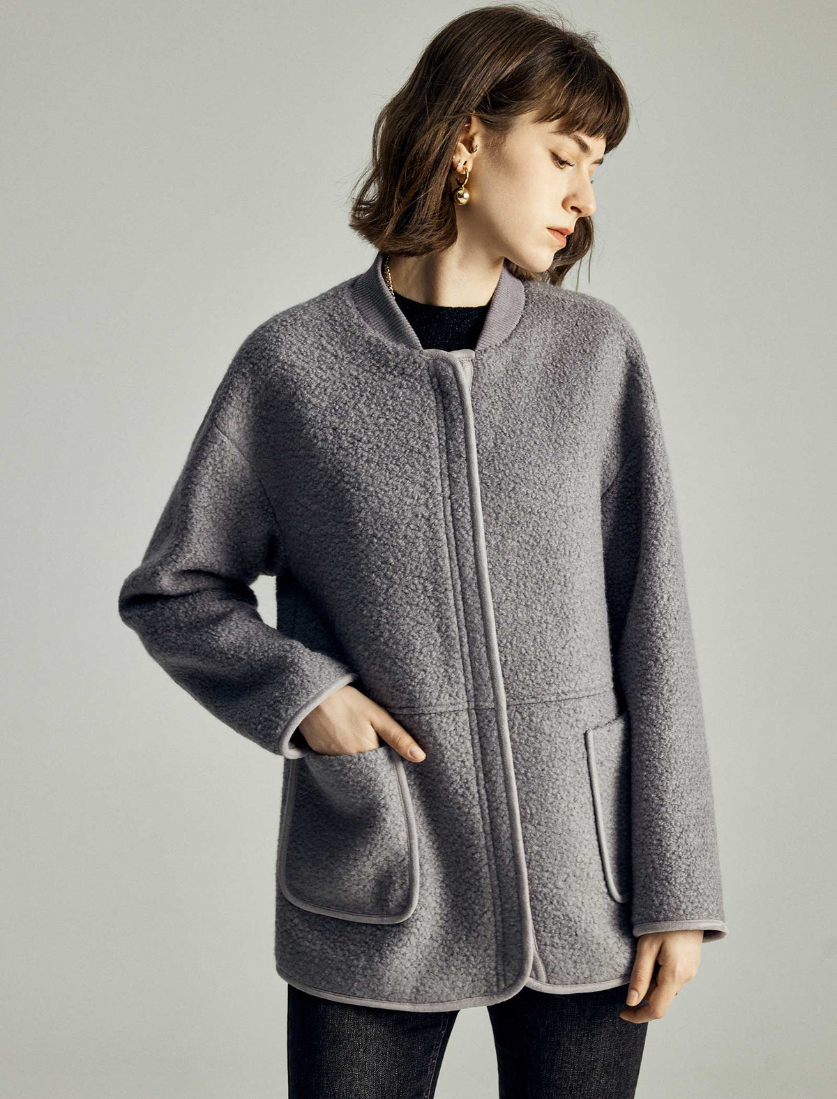 Wool-Blend Pocket Detail Bomber Jacket