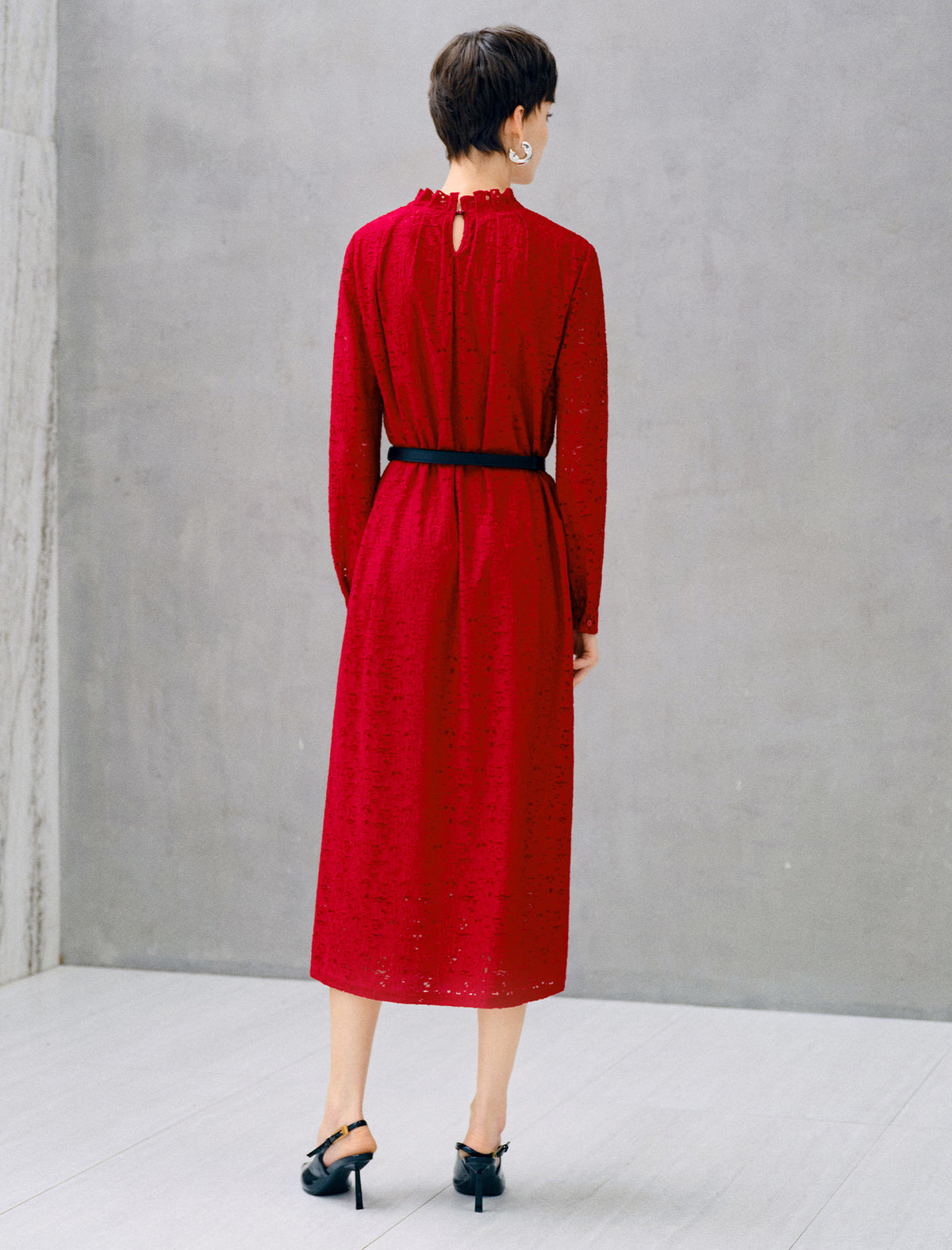 Lace Belted Long Sleeve Midi Dress