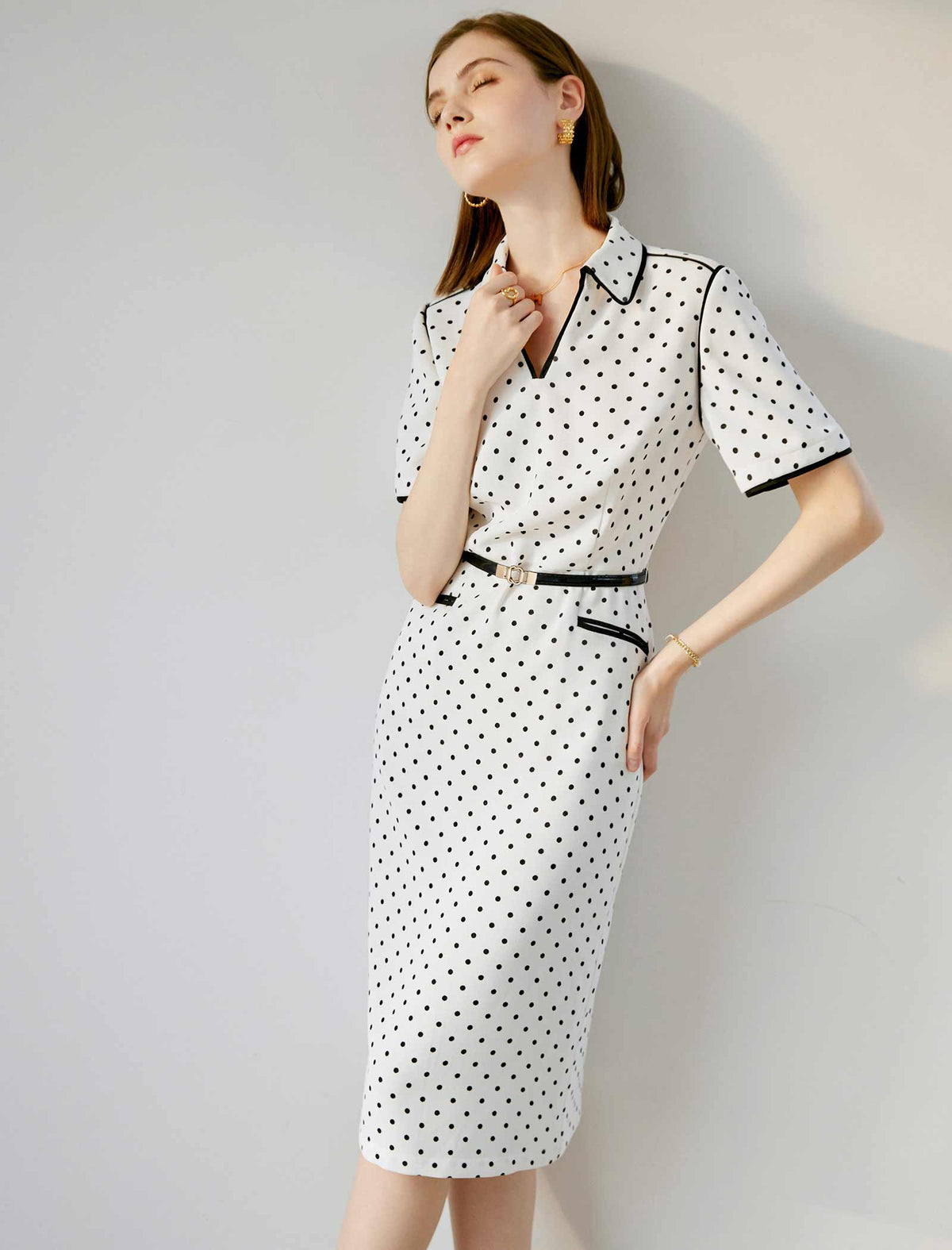 V-Neck Polka Dot Waist-Cinched Fitted Dress