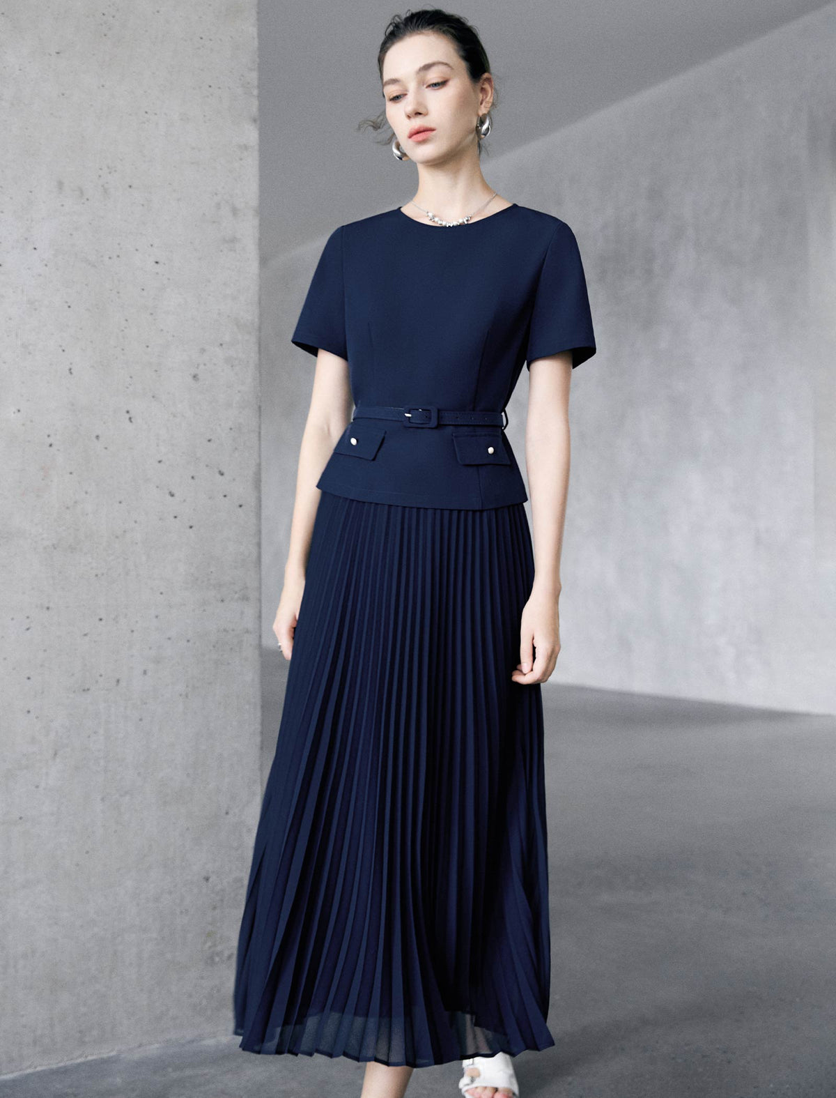 Navy Solid Pleated Midi Skirt