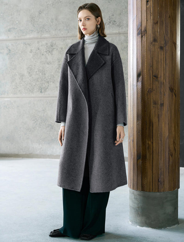 Contrast Lapel Wool-Blend Self-Tie Overcoat