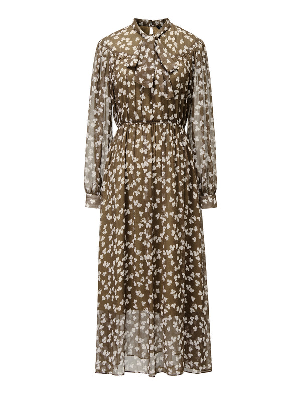 Brown Sheer Tie-Neck Floral Midi Dress