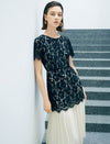 Two-Tone Black Lace Pleated Hem Midi Dress