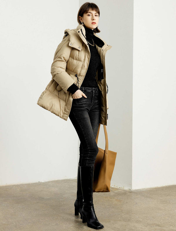 Drawstring Waist Hooded Down Jacket