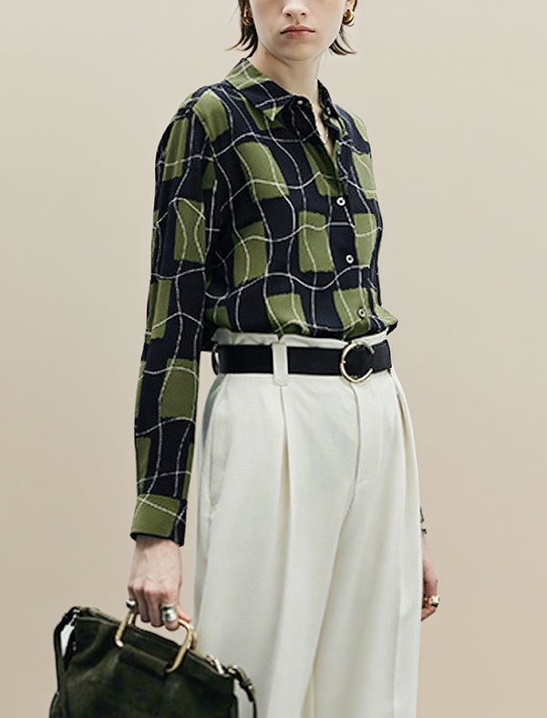 100% Mulberry Silk Green Grid Print Button-Down Shirt