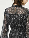 Black Speckled Print Ruffle Neck Long Sleeve Tiered Midi Dress