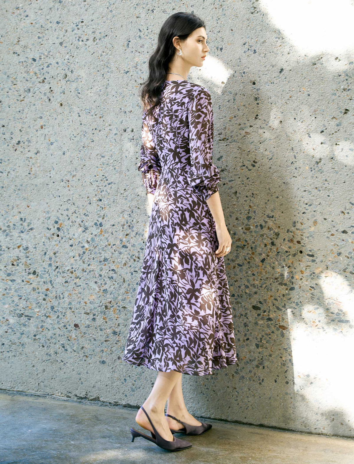 Lavender And Brown Floral Print Midi Dress