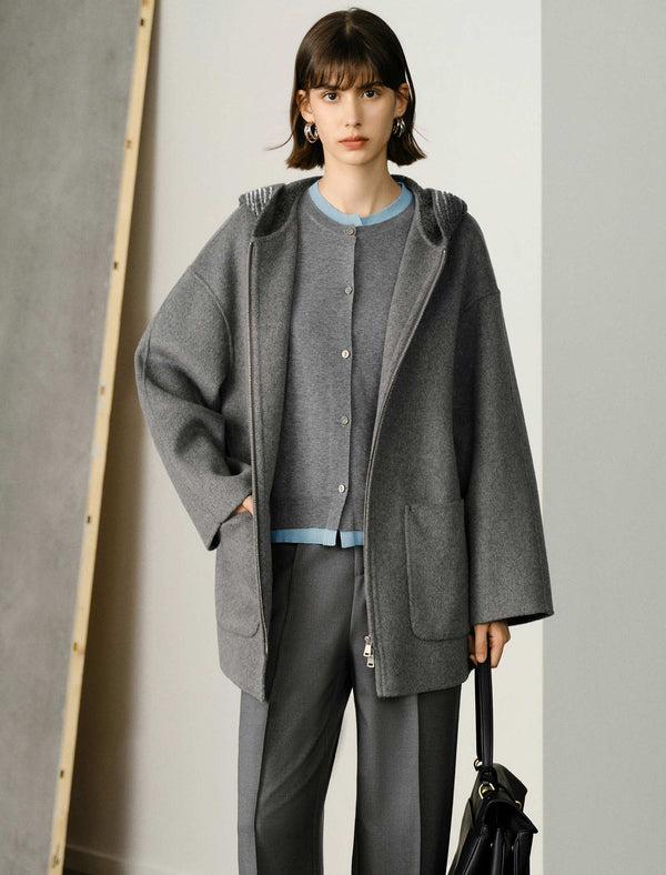 Grey 100% Wool Hooded Coat