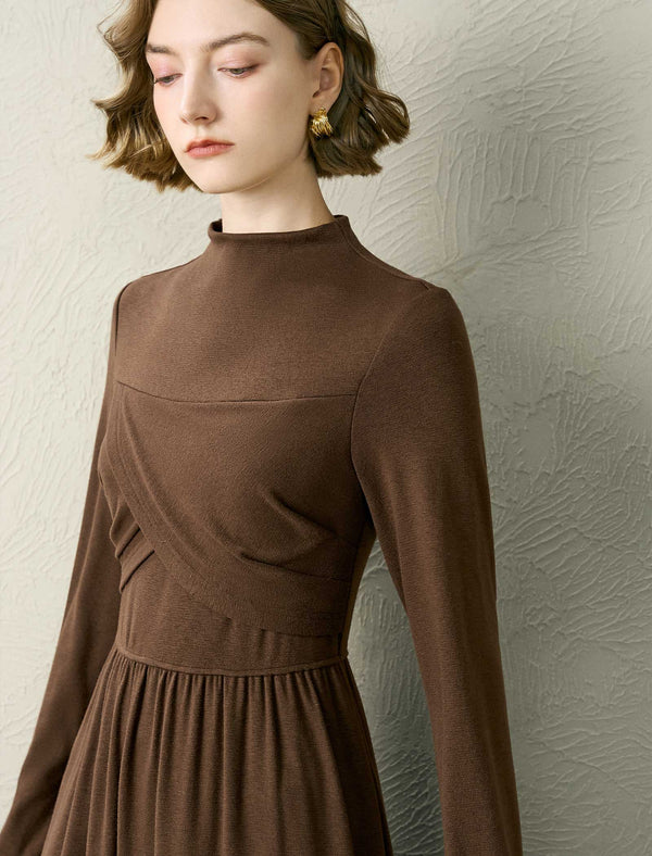 Mock Neck Wrap Detail Long Sleeve Midi Dress