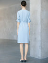 Light Blue V-Neck Tie Waist Midi Shirt Dress
