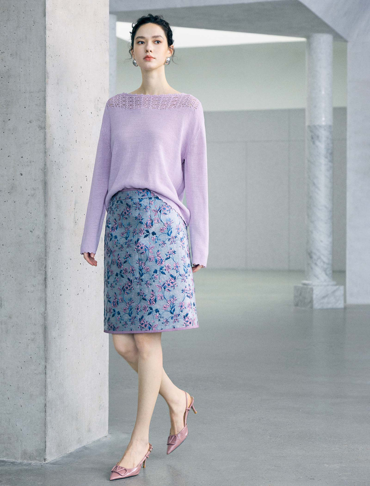High Waist Floral Jacquard A Line Midi Skirt