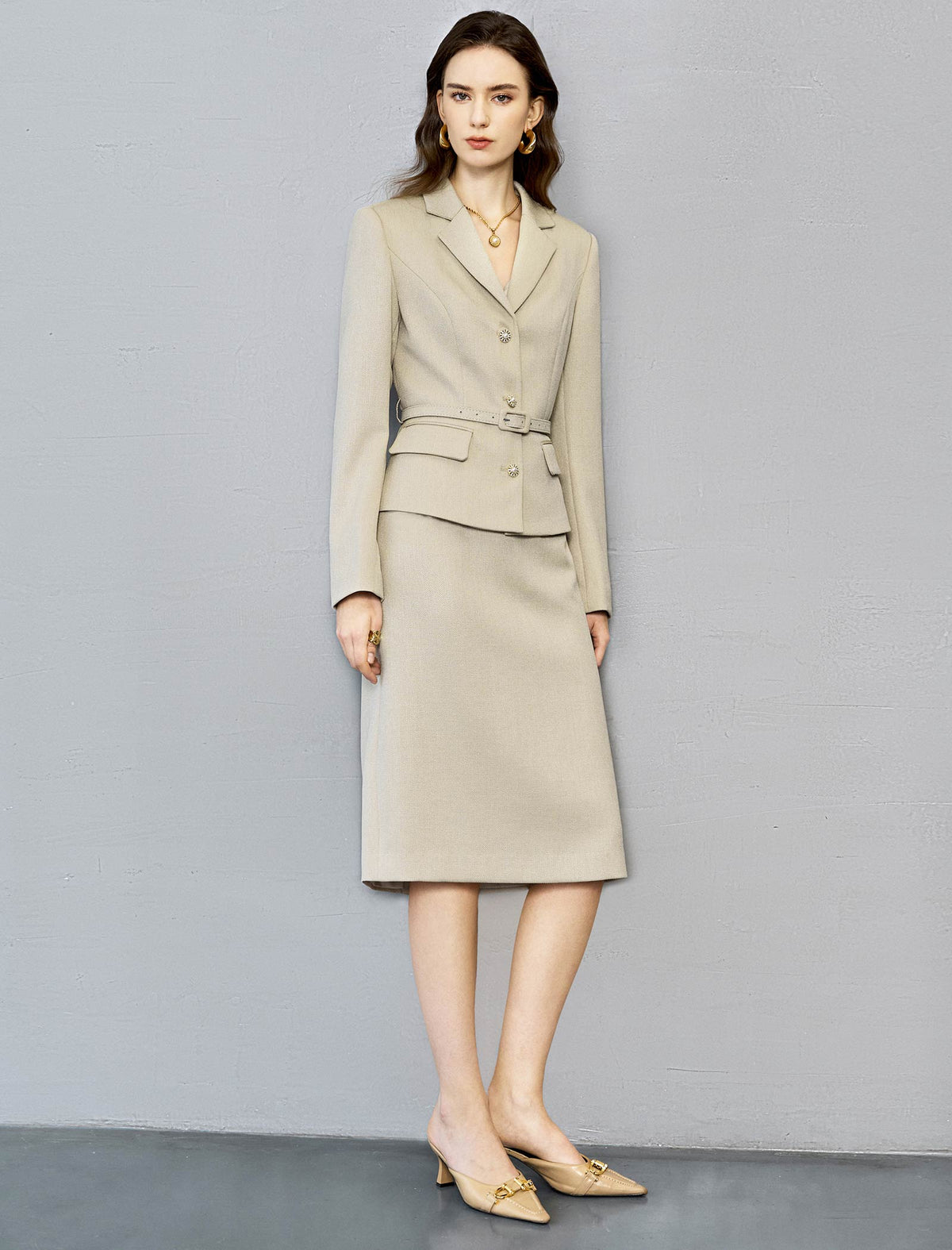 Champagne Textured Belted Blazer